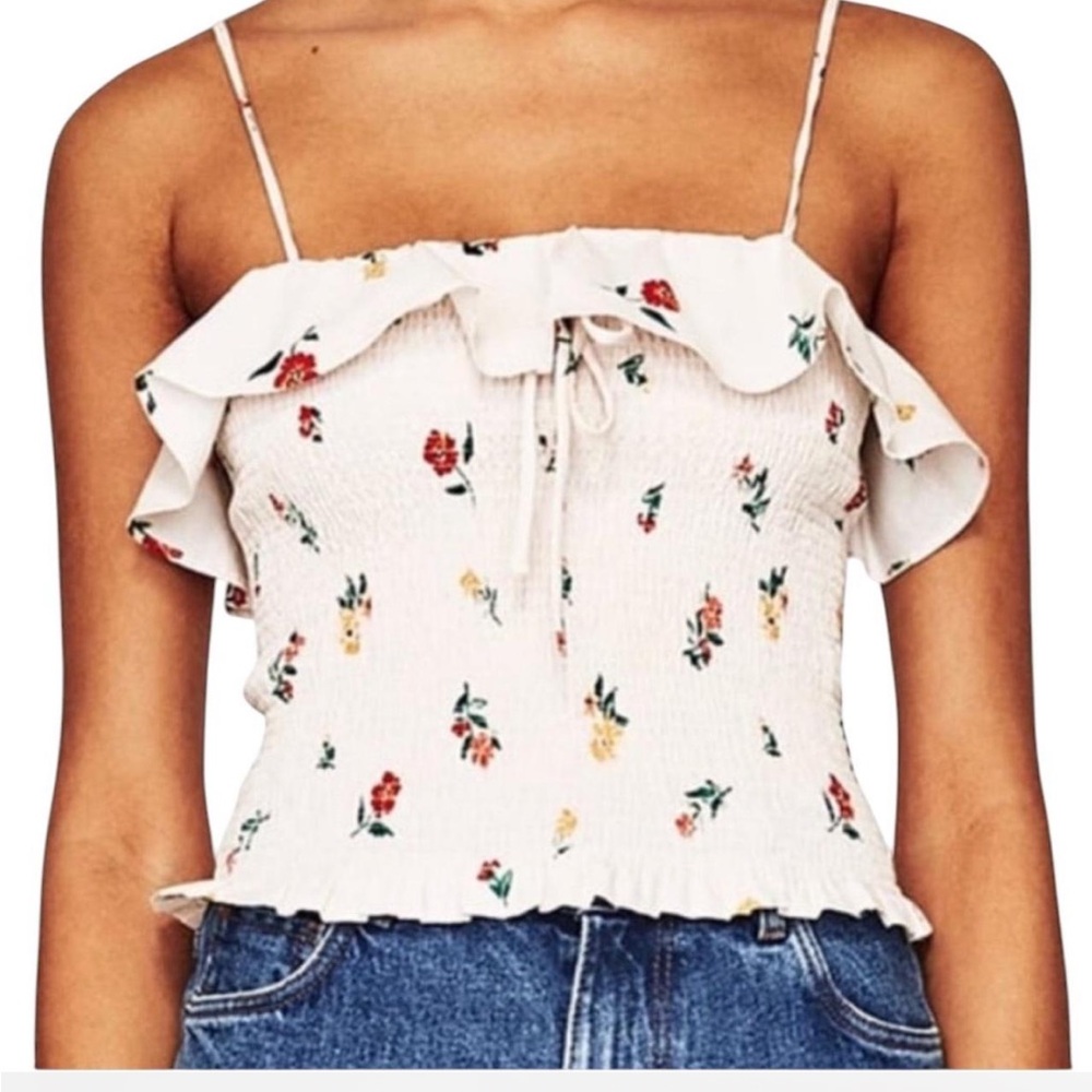 Zara Floral Shirred Ruffle Collar Crop Tank